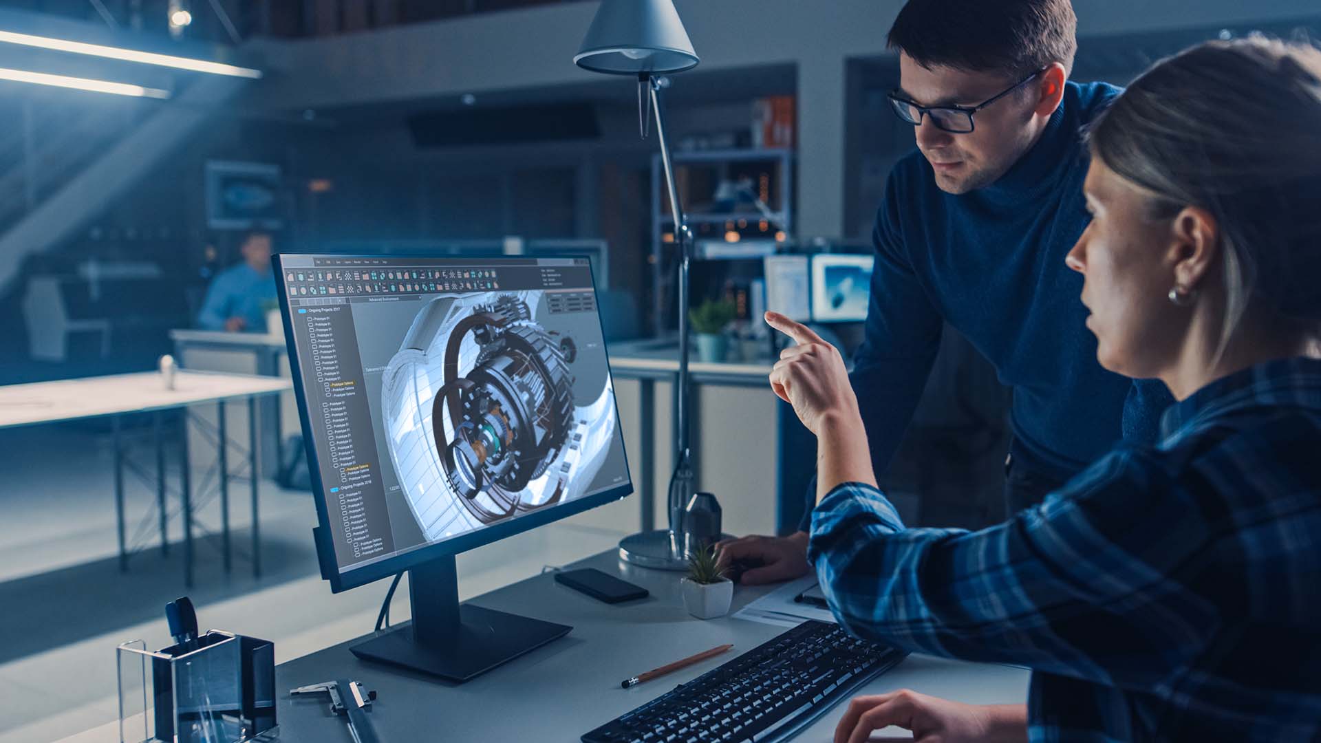 Engineers designing a jet turbine