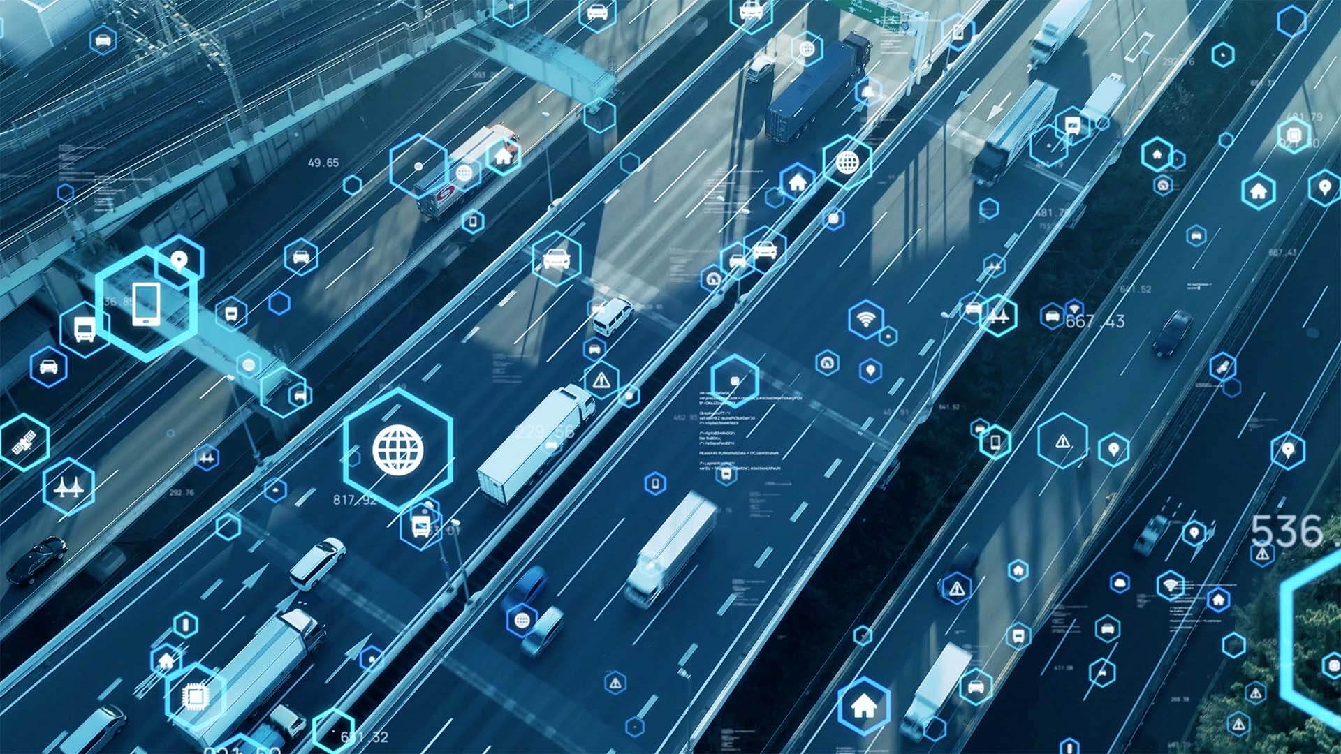 Vehicles on a highway connected with IoT