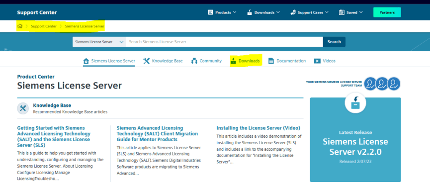 Siemens support center license server webpage