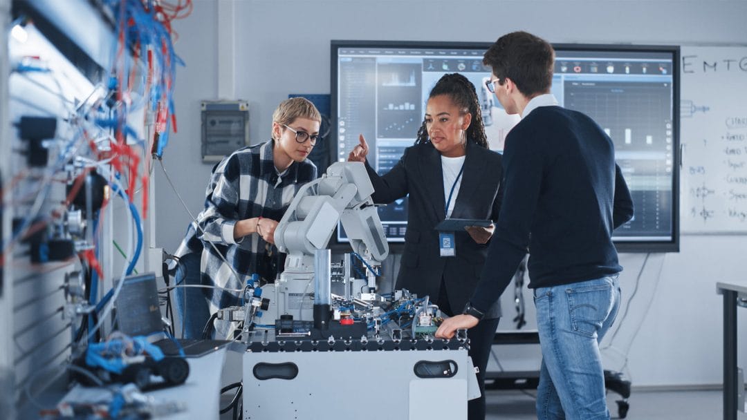Engineering students in a robotics lab