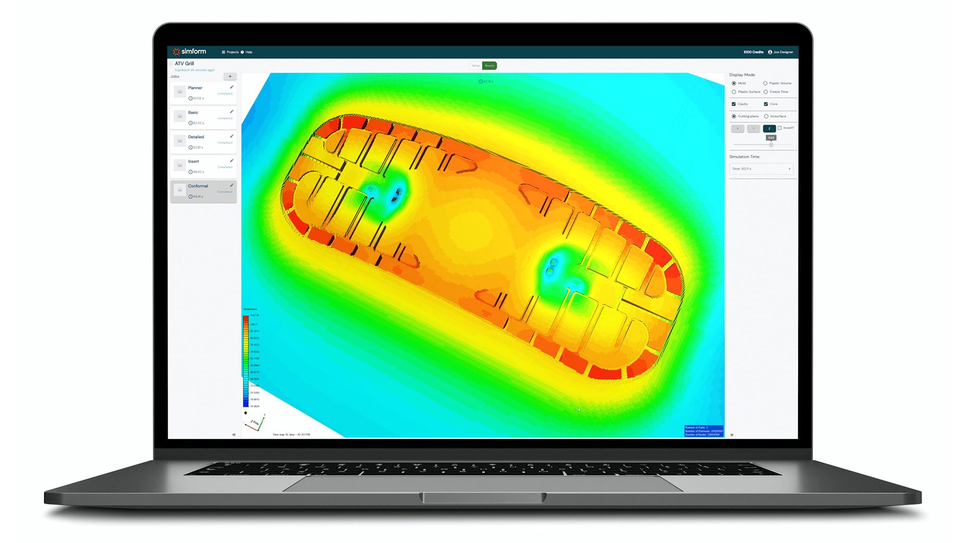 SimForm mold cooling app on a laptop